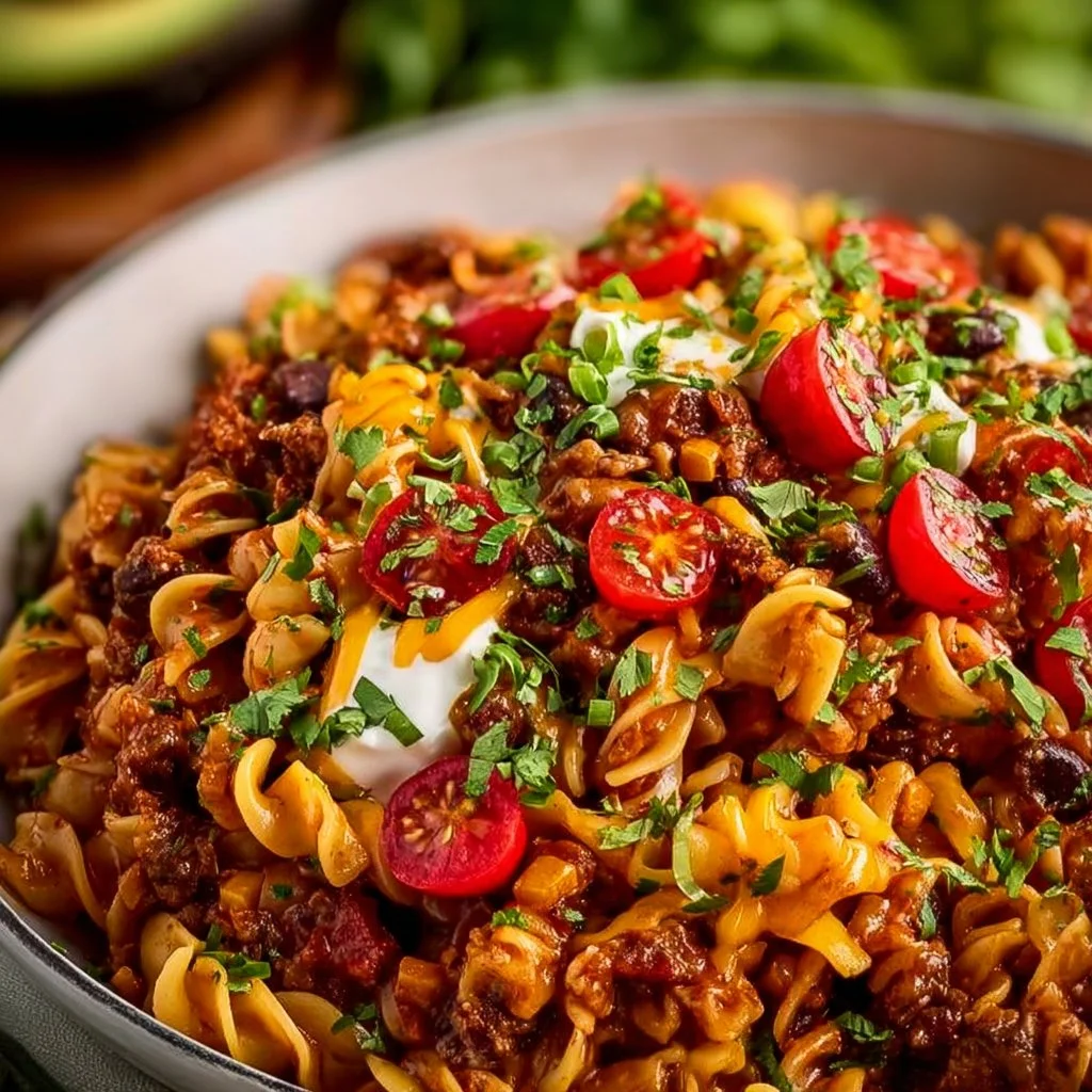 One Pot Taco Pasta dish served in a bowl garnished with green onions