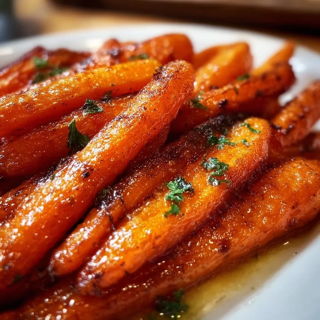 Bowl of delicious oven roasted carrots garnished with herbs
