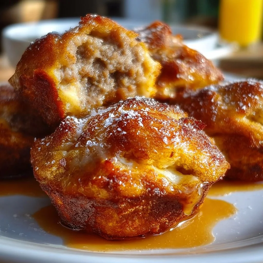 Homemade pancake sausage muffins served on a plate, perfect for breakfast.