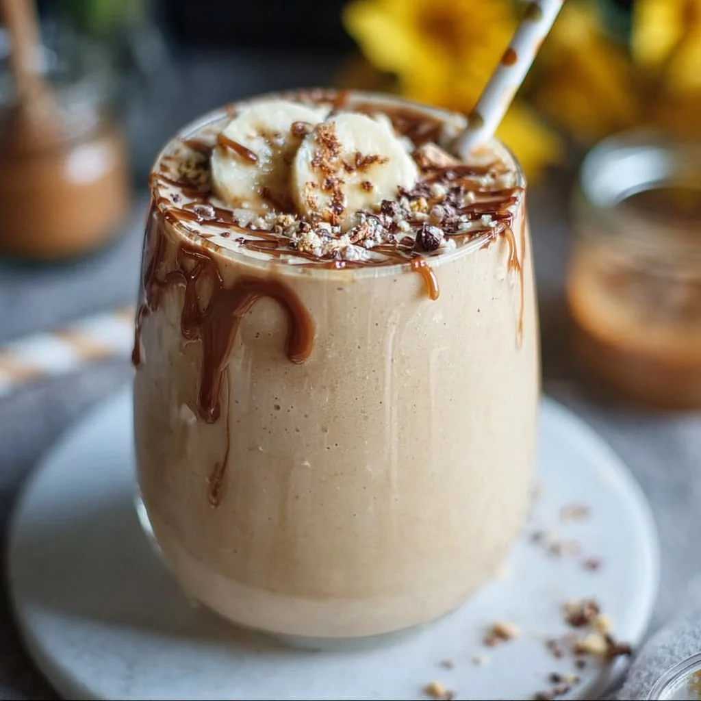 Delicious Peanut Butter Banana Smoothie in a glass with a banana and peanut butter in the background