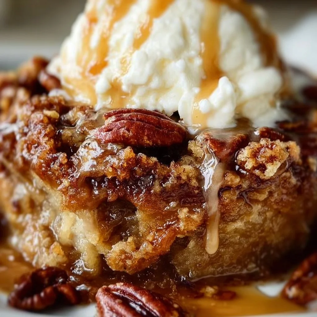 Delicious pecan pie cobbler topped with pecans and a golden crust