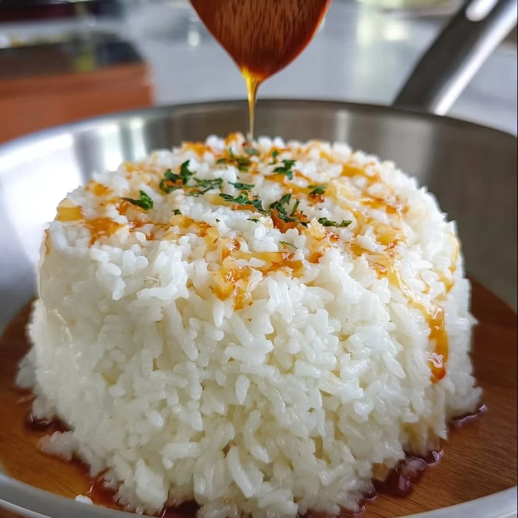 A bowl of perfectly cooked fluffy rice on a wooden table.