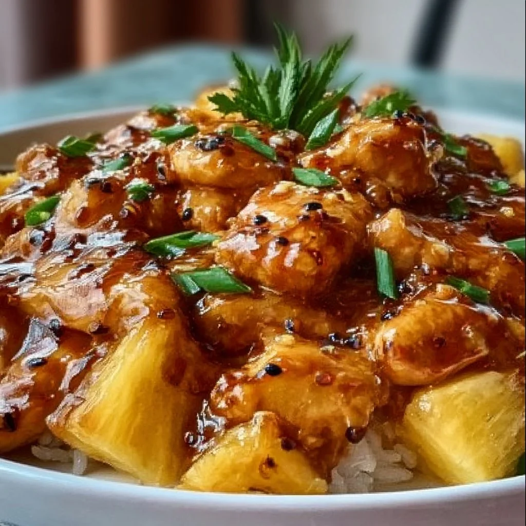 Plate of Pineapple Chicken served with fluffy rice