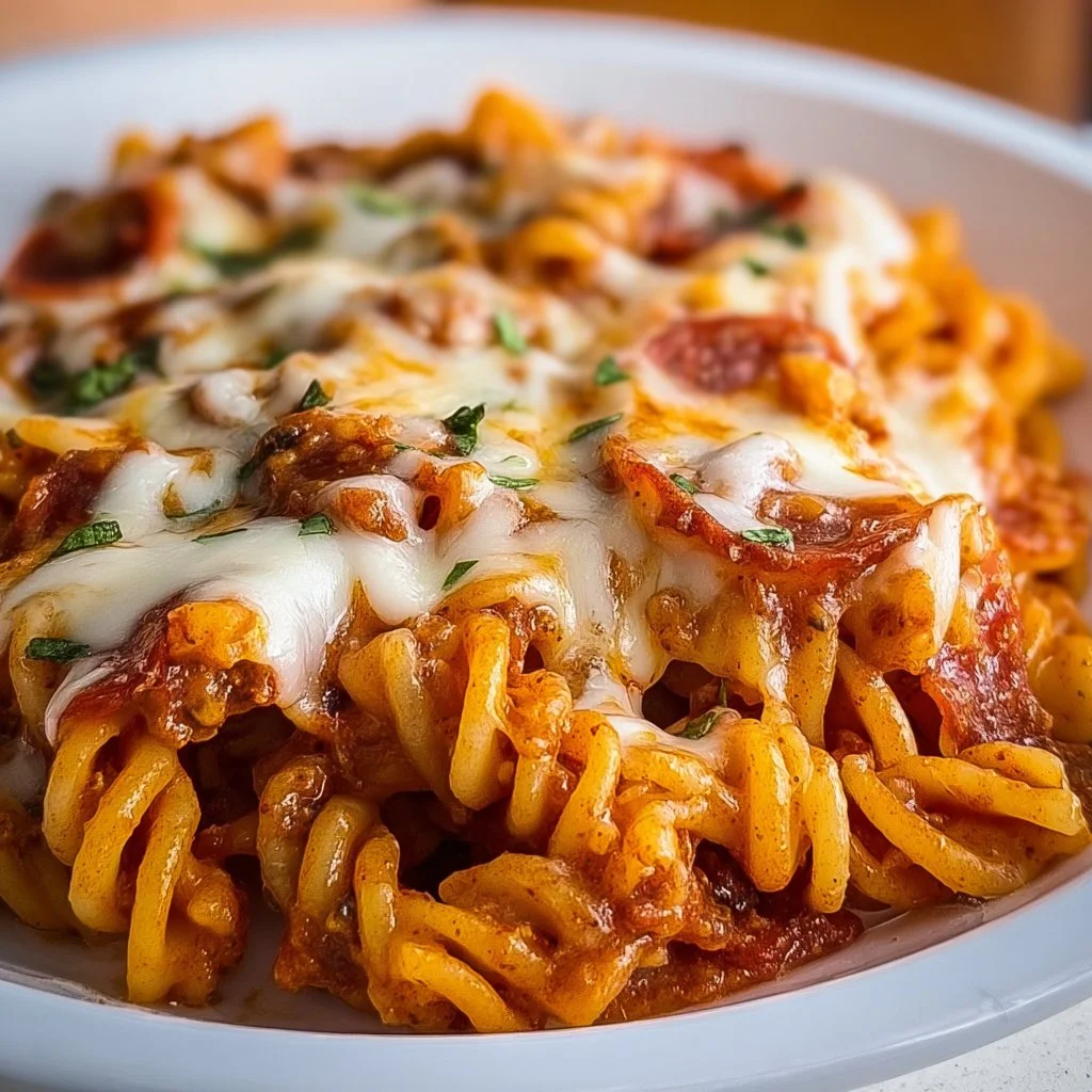 Delicious Pizza Pasta Casserole topped with cheese and fresh herbs