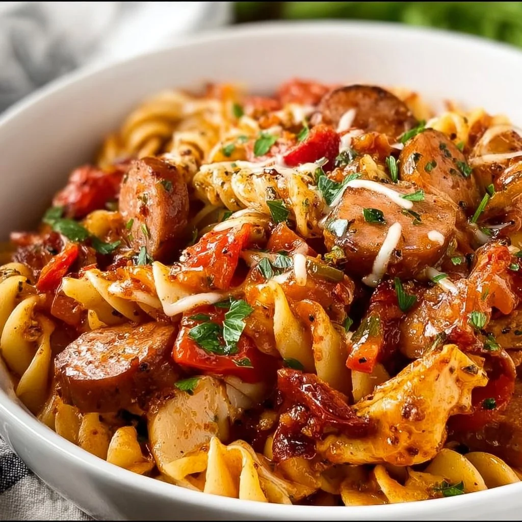 Plate of Quick Jambalaya Pasta topped with fresh herbs and spices