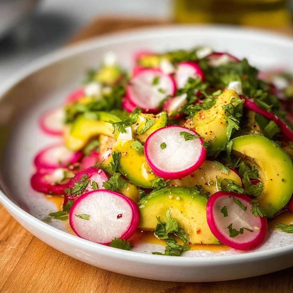 Fresh Radish and Avocado Salad with colorful vegetables and a light dressing