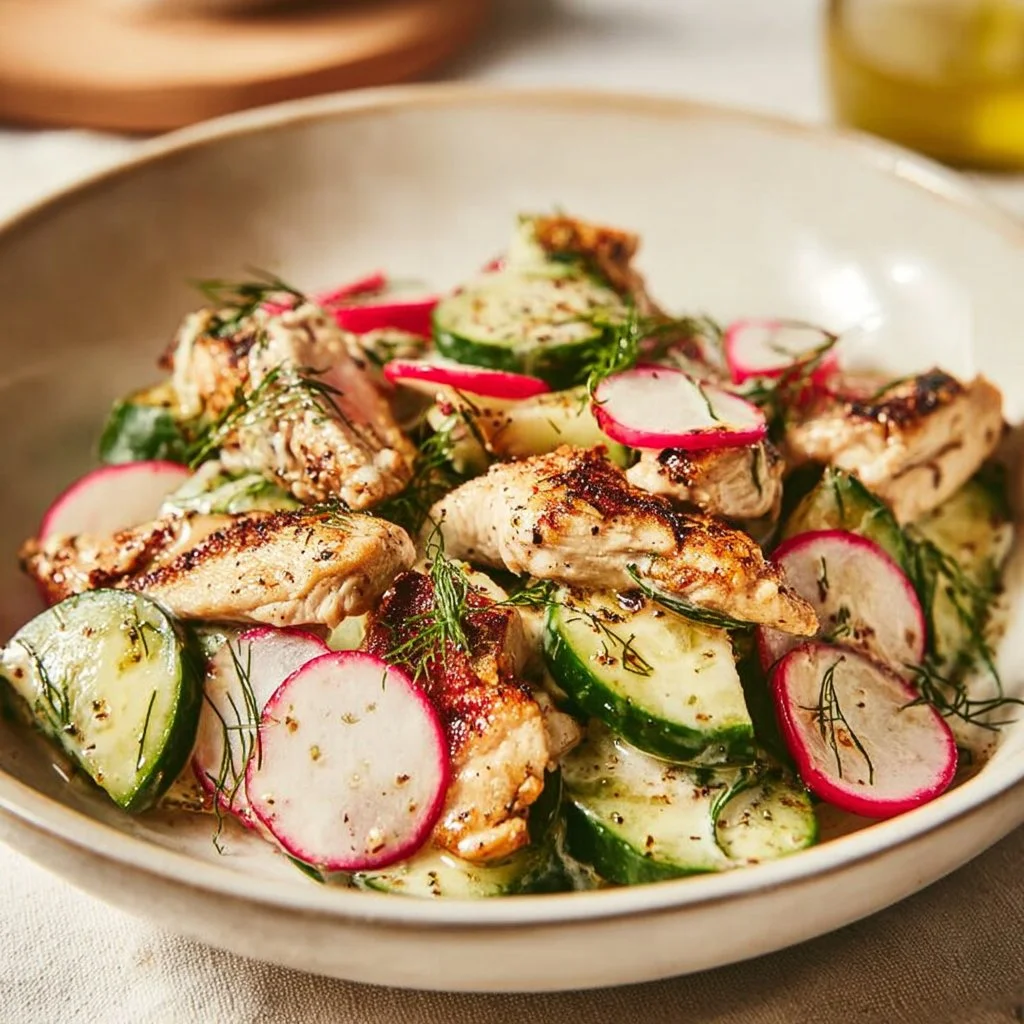 Radish Cucumber Salad topped with Black Pepper Chicken on a plate.