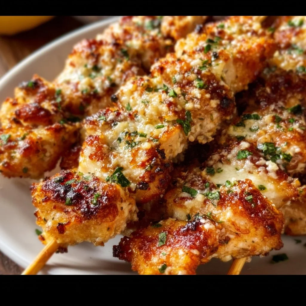 Delicious Ranch Garlic Parmesan Chicken Skewers served on a plate.