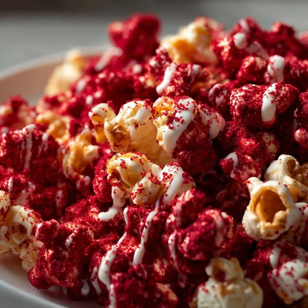 Bowl of red velvet popcorn drizzled with white chocolate