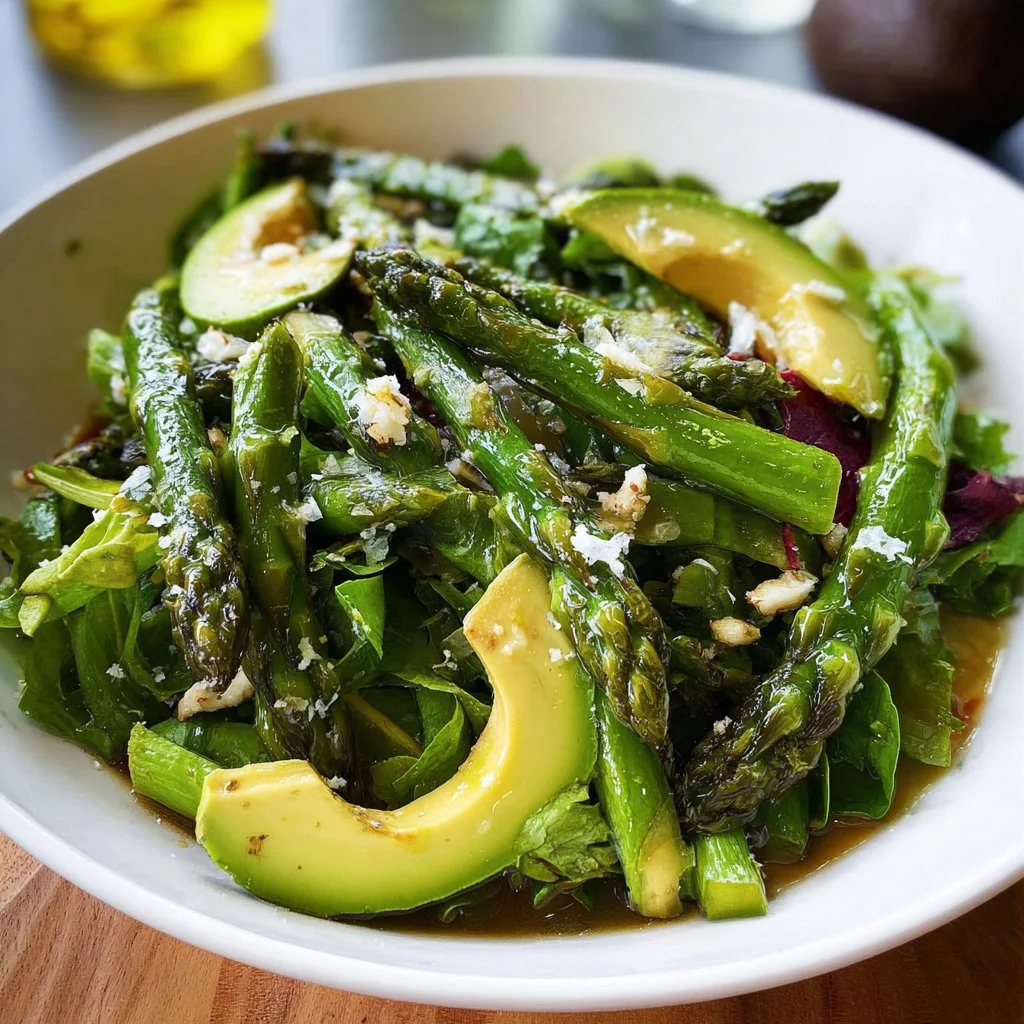 Roasted asparagus and avocado salad with vibrant greens and dressing