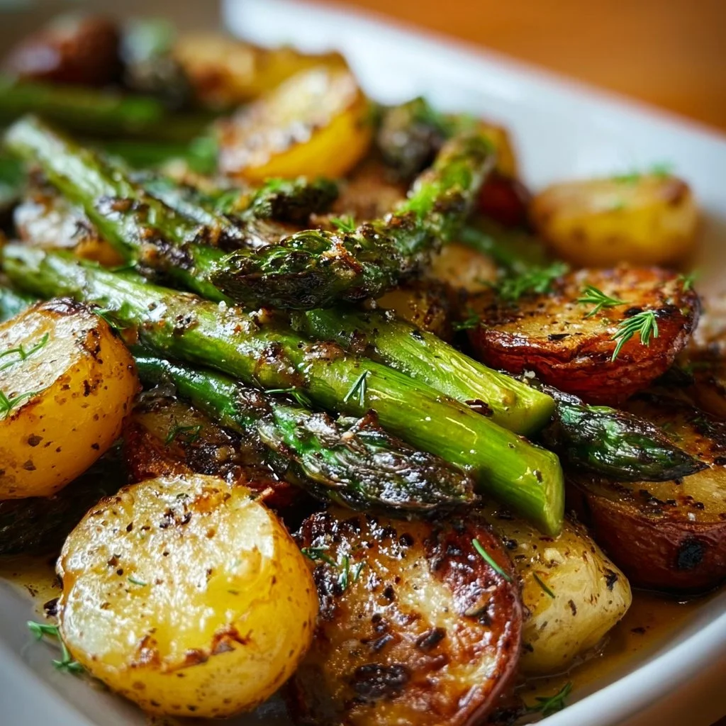 A vibrant plate of roasted asparagus and potatoes, showcasing healthy cooking.