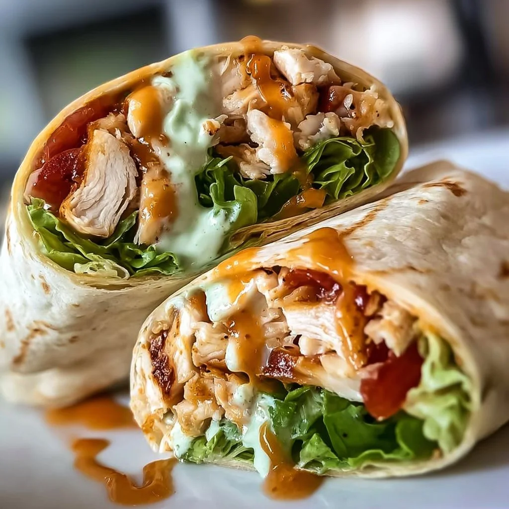 Delicious rotisserie chicken wraps with fresh vegetables and sauces