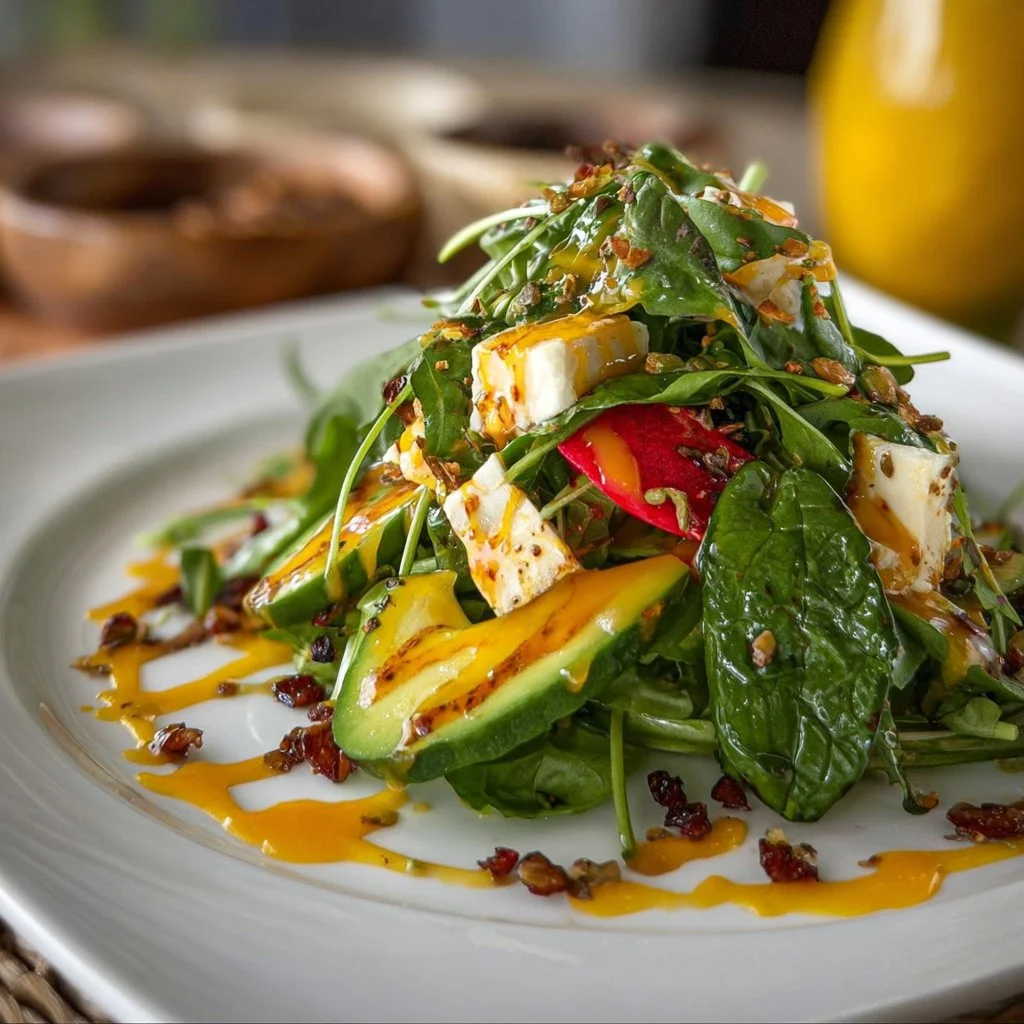 A colorful assortment of gourmet salads showcasing fresh ingredients and artistic presentation.