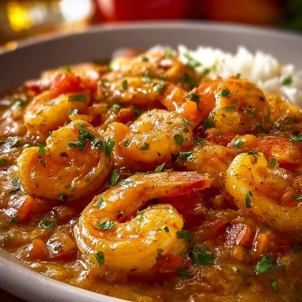 A delicious bowl of Shrimp Etouffee garnished with green onions and served with rice.