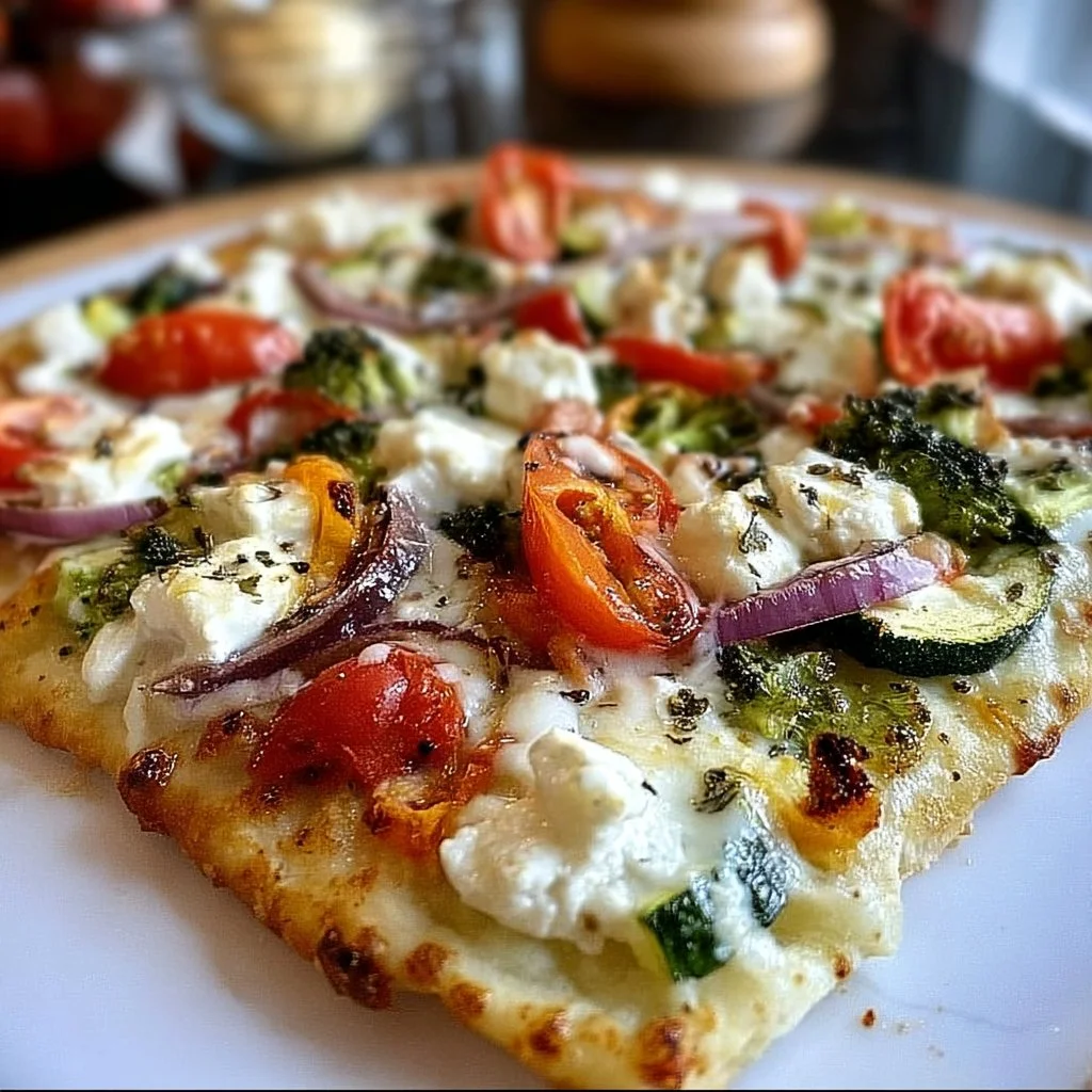 Delicious simple Greek veggie pizza topped with fresh vegetables and feta cheese.