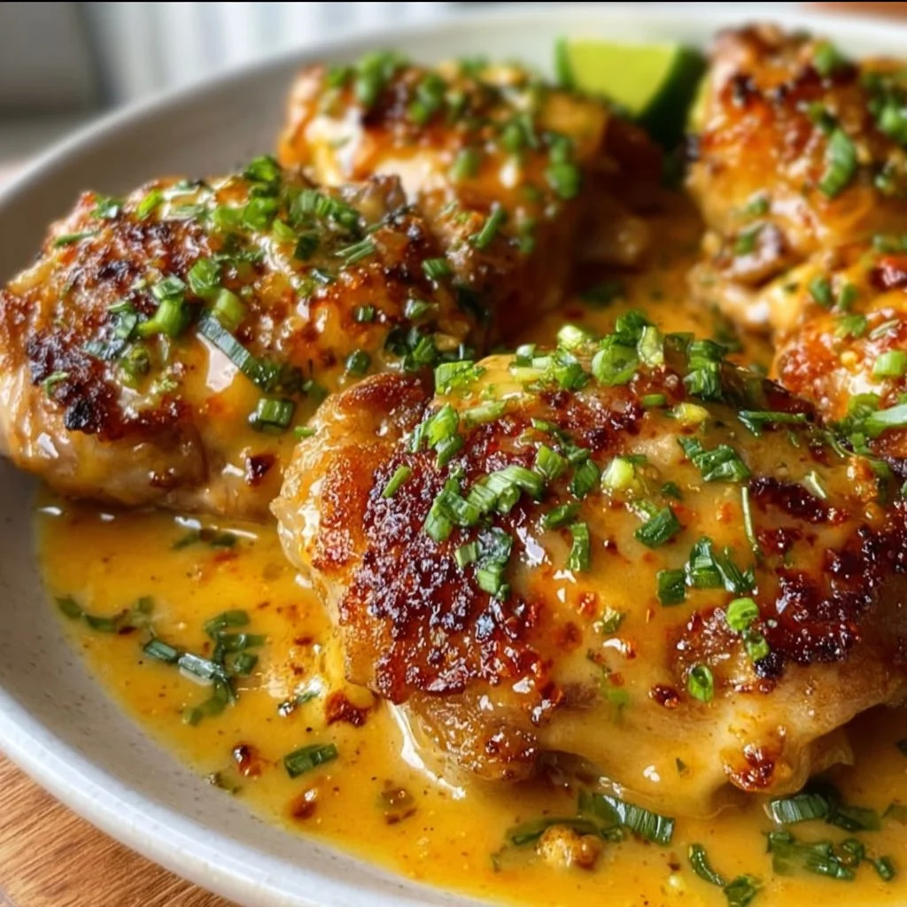 Skillet Bang Bang Chicken Thighs served with a spicy creamy sauce