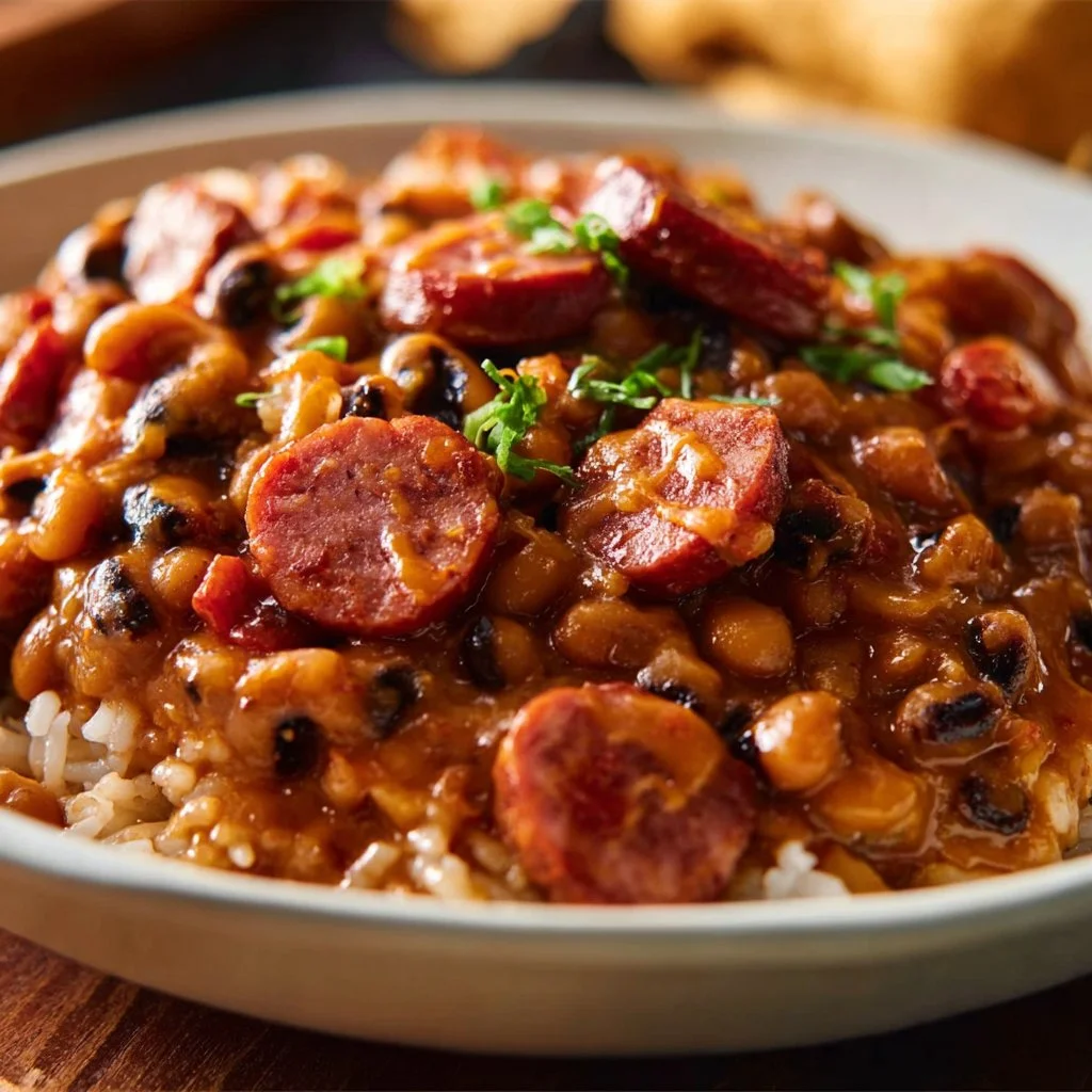 Slow-cooked black-eyed peas with Andouille sausage and rice in a bowl