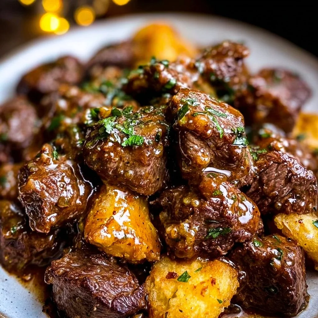 Delicious slow-cooked garlic butter beef bites served in a bowl.