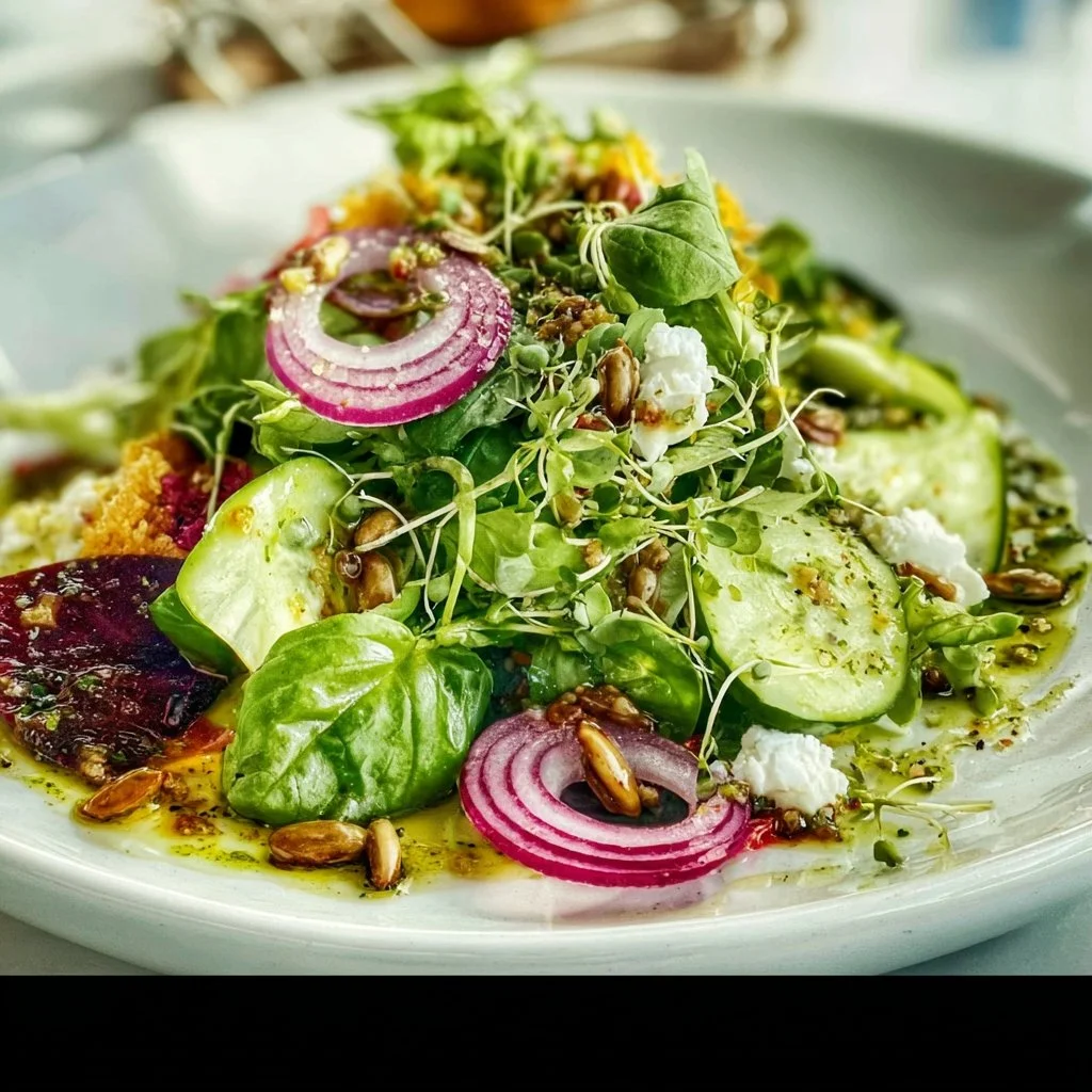 Spring Green Salad topped with Lemon Basil Vinaigrette on a wooden table