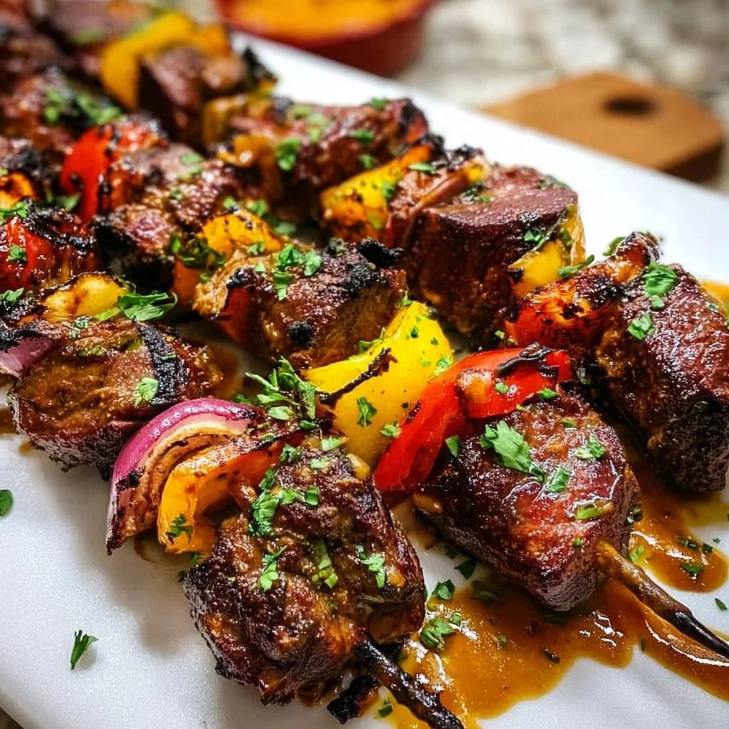 Grilled steak kabobs served with colorful vegetables on skewers.