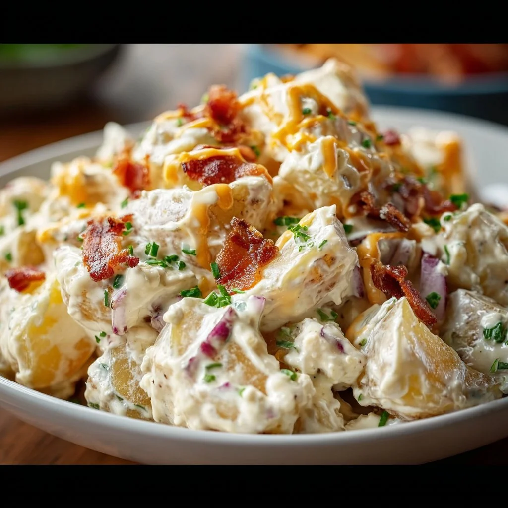 Creamy steakhouse potato salad served in a bowl with fresh herbs