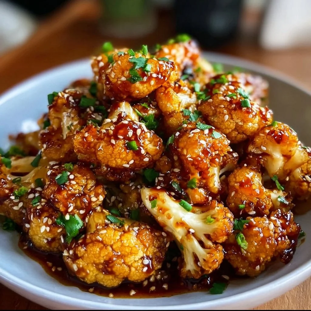 Delicious sticky sesame cauliflower garnished with sesame seeds and green onions