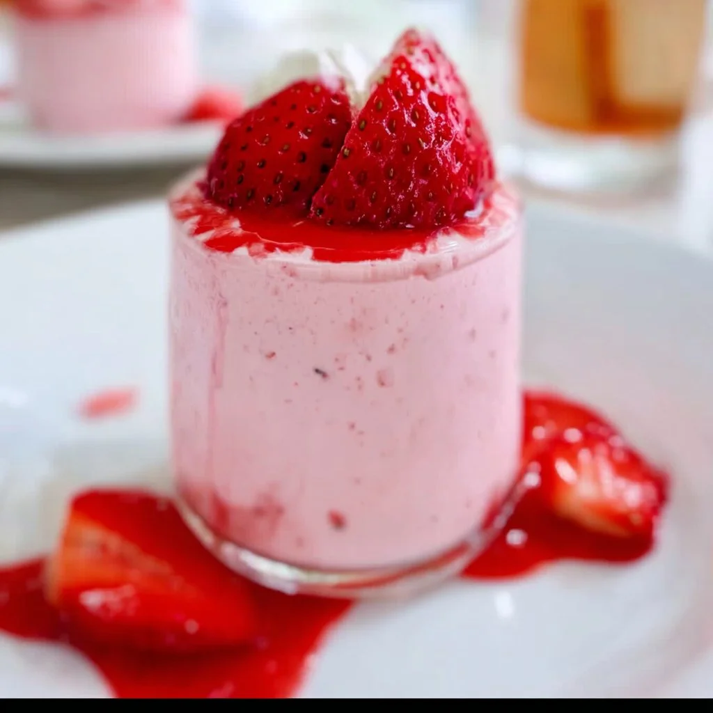 Delicious homemade strawberry mousse dessert in a glass