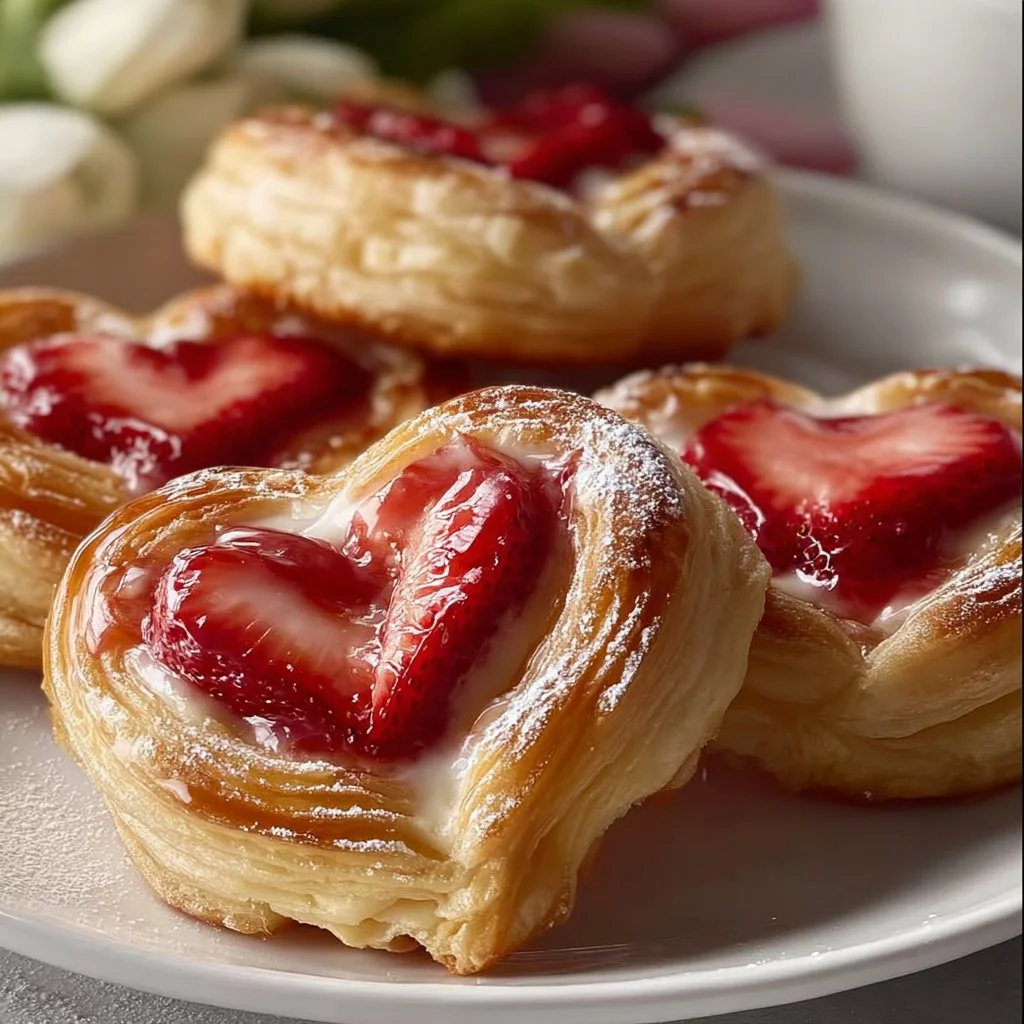 Homemade Strawberry Puff Pastry Danishes with fresh strawberries and cream