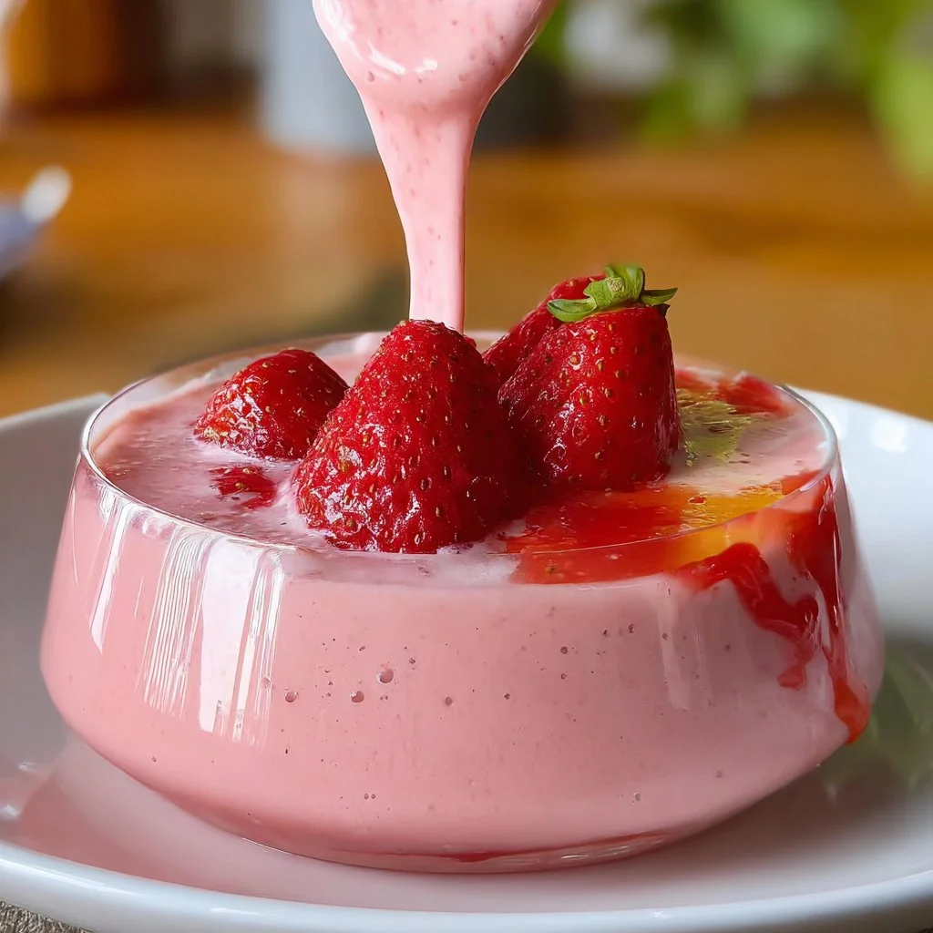 Delicious strawberry smoothie in a glass with fresh strawberries on the side