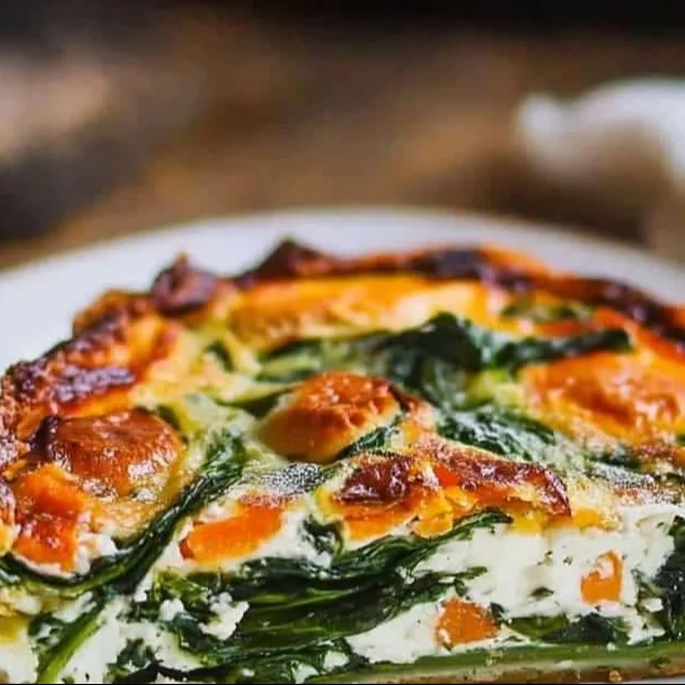 Sweet Potato Crust Quiche with Spinach and Goat Cheese served on a plate