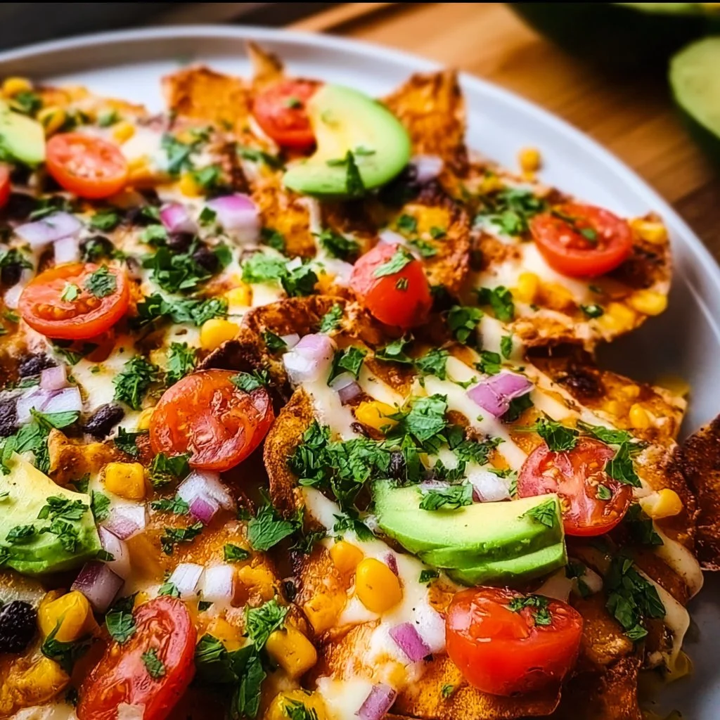 Delicious sweet potato nachos topped with fresh ingredients and cheese.