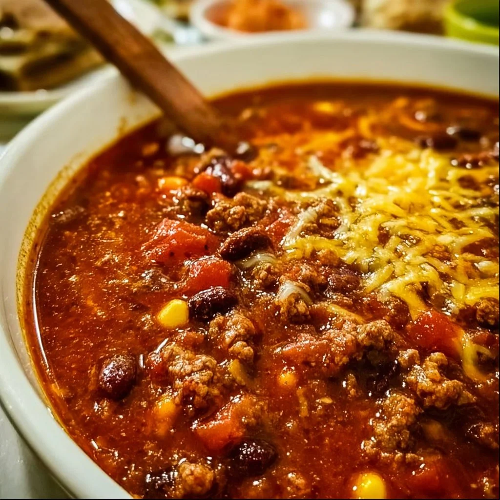 Bowl of flavorful Taco Soup topped with cheese and garnished with cilantro.