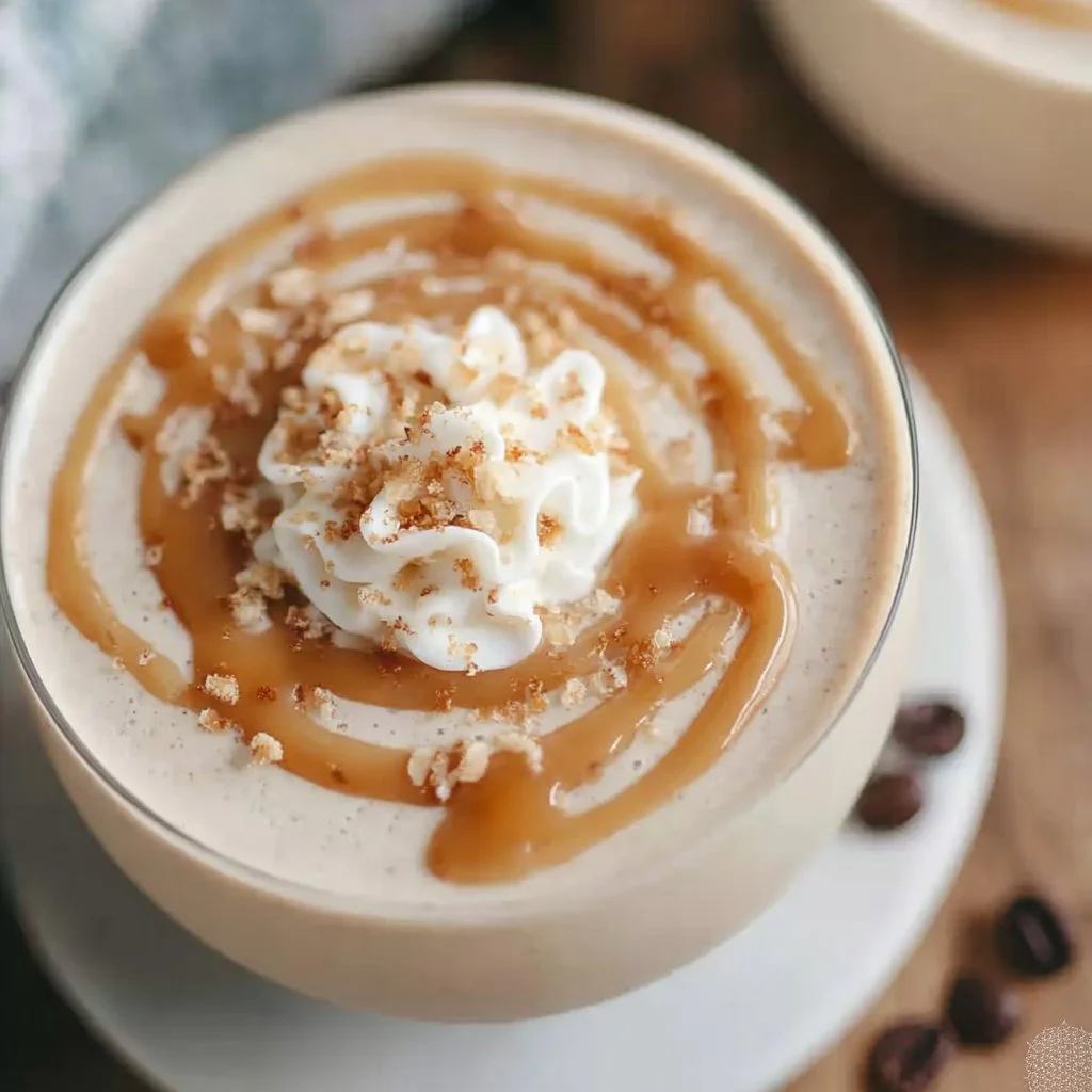 A creamy Vanilla Latte Protein Smoothie topped with whipped cream and a sprinkle of cinnamon.