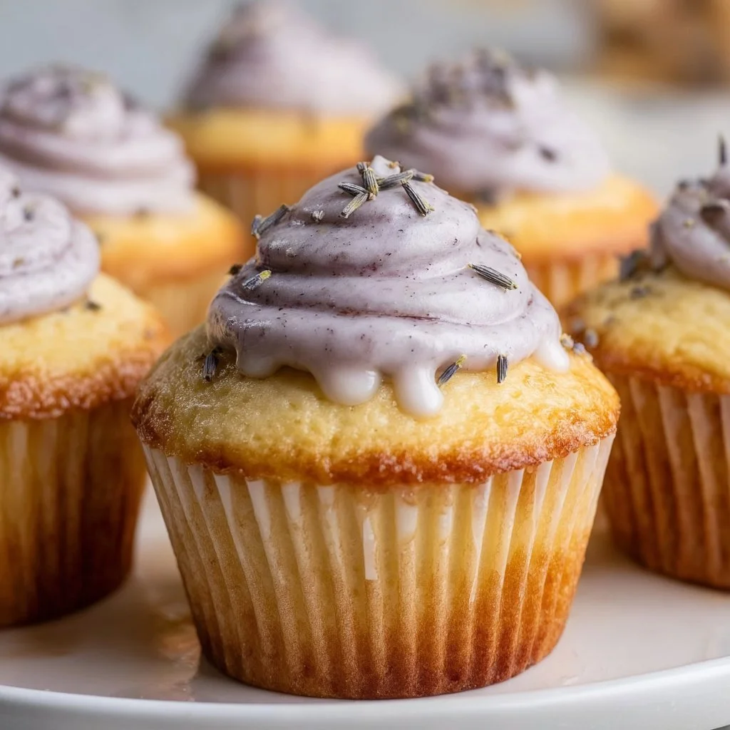 Delicious Vanilla Lavender Cupcakes with lavender flower decoration