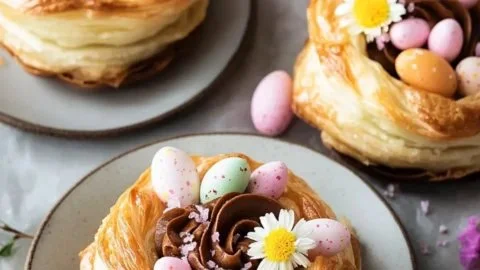 Vegan puff pastry Easter nests filled with colorful treats for a spring celebration.