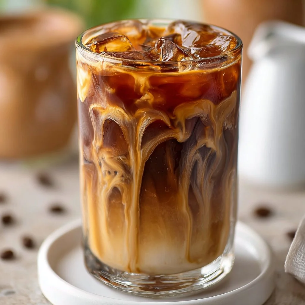 Delicious 5-minute caramel iced coffee in a glass with ice and caramel drizzle