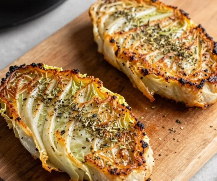 Delicious air fryer cabbage steaks served on a plate