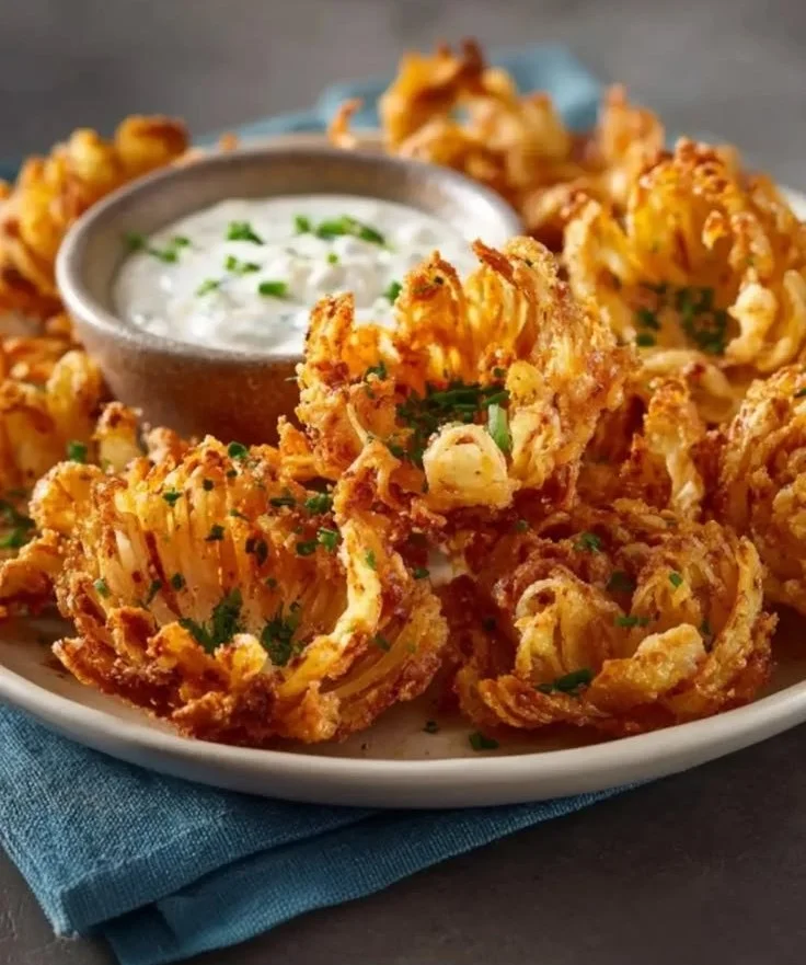 Air fryer mini blooming onions served as a delicious appetizer.