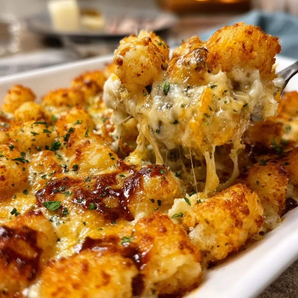 Delicious Alfredo Tater Tot Casserole baked with creamy sauce and crispy tots.