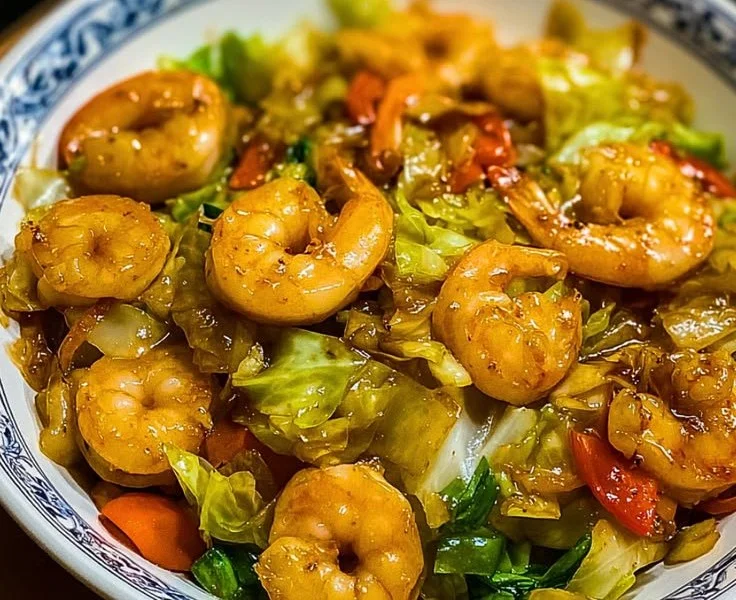 Asian Shrimp and Cabbage Stir Fry dish with vibrant vegetables and shrimp