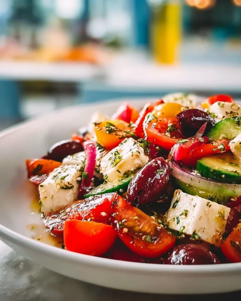 A vibrant Authentic Mediterranean Greek Salad with fresh vegetables and olives.
