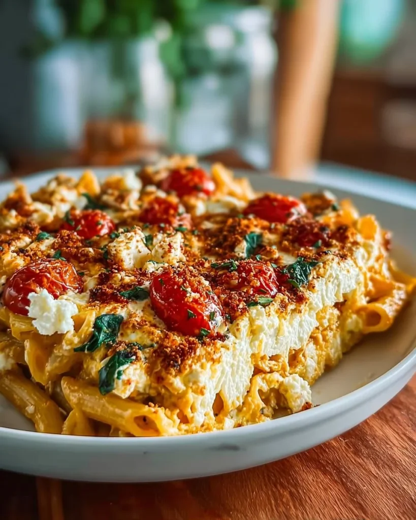 Creamy baked feta pasta topped with fresh basil and cherry tomatoes.