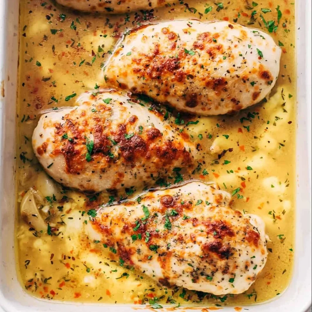 Baked Garlic Butter Chicken with Mozzarella ready to serve on a plate