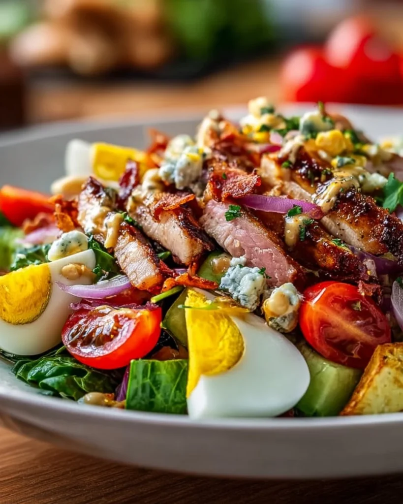 A colorful BBQ Cobb Salad with grilled chicken, bacon, and fresh vegetables.