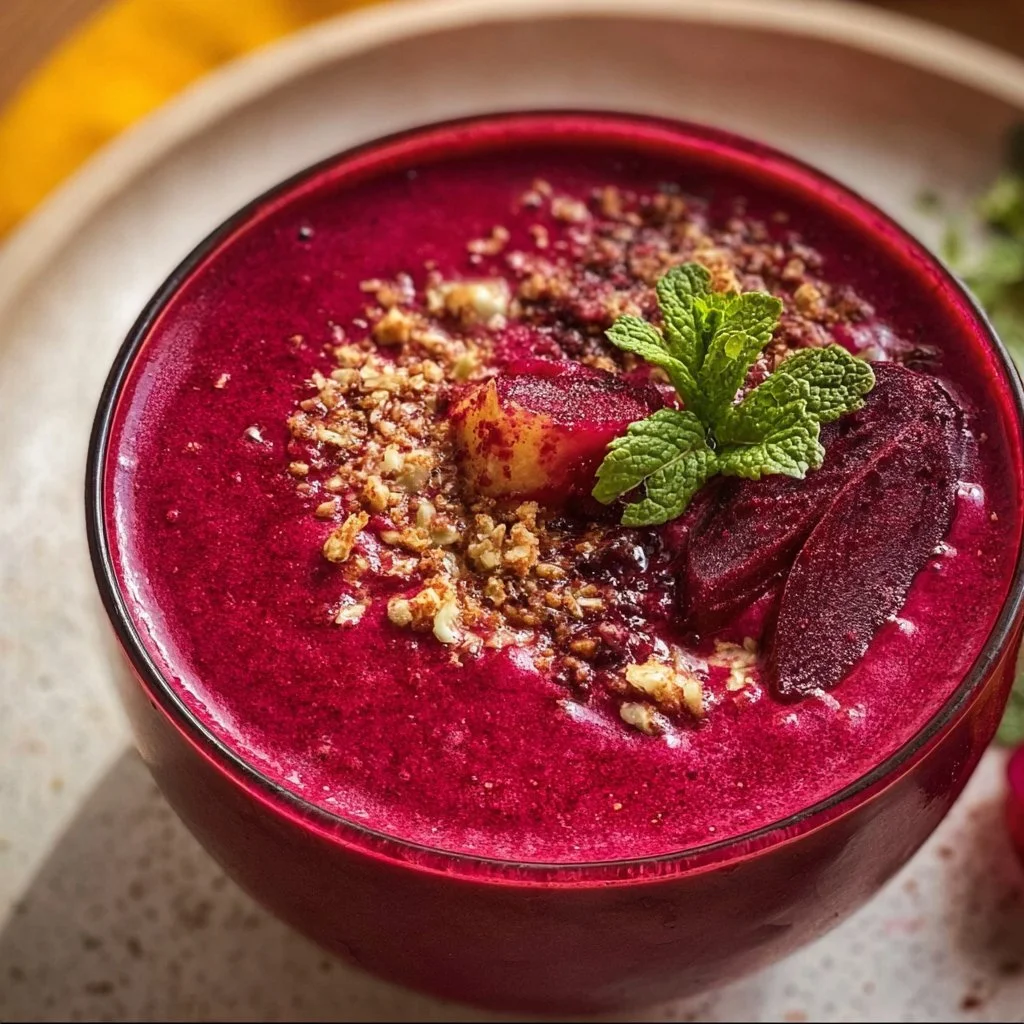 Vibrant beet smoothie with fresh ingredients in a glass, showcasing health benefits.