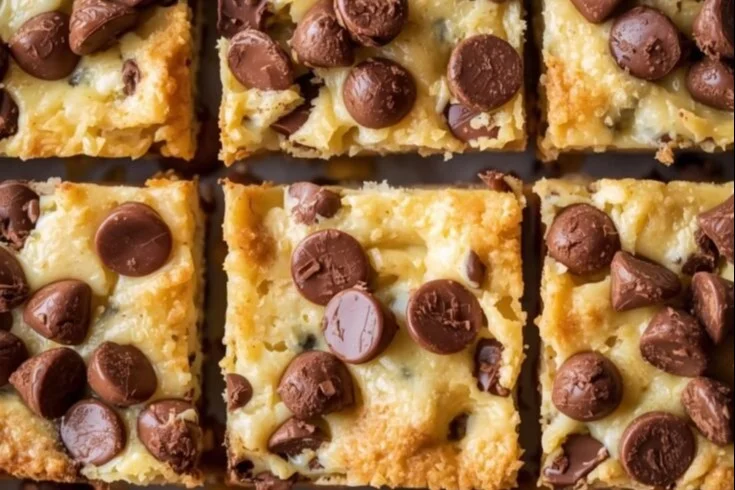 Delicious chocolate chip cheesecake bars on a plate with chocolate drizzle