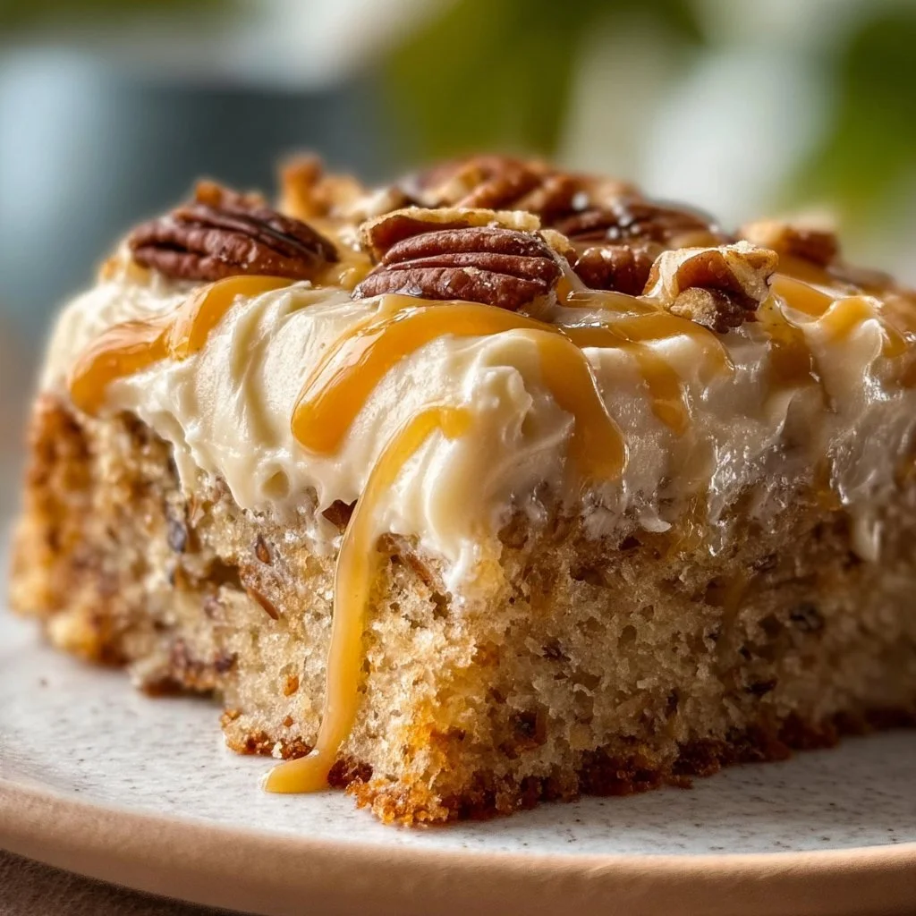 Slice of the best ever hummingbird sheet cake with cream cheese frosting.