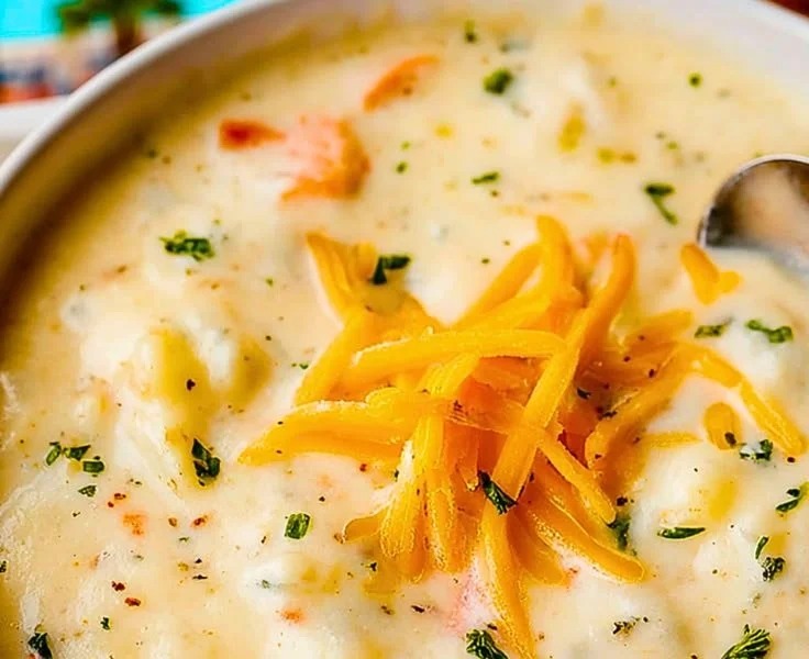 Creamy bowl of the best potato soup garnished with herbs