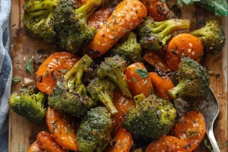 Roasted broccoli and carrots garnished for serving