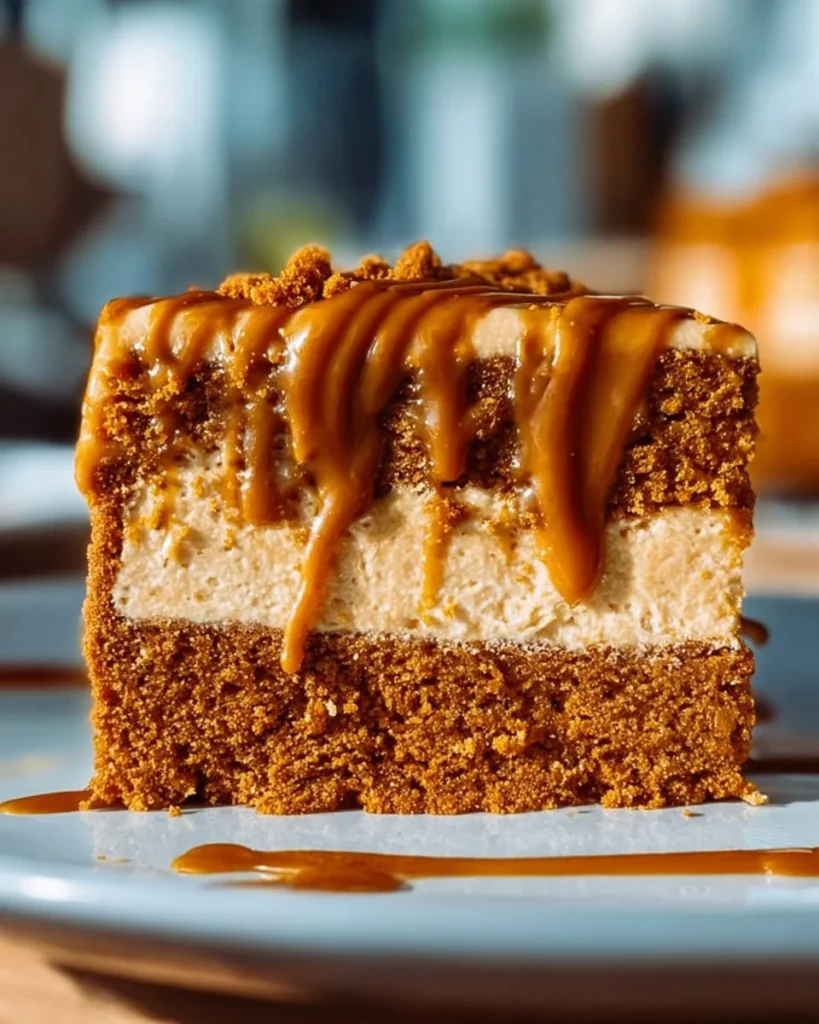 Delicious Biscoff Cake topped with cookie crumbles and drizzled with caramel sauce